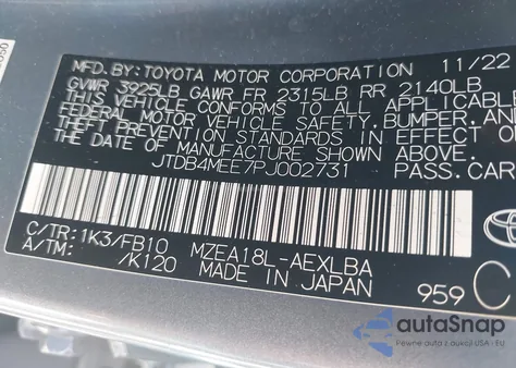 2023 Toyota Corolla Le из США, поврежденный, VIN JTDB4MEE7PJ002731